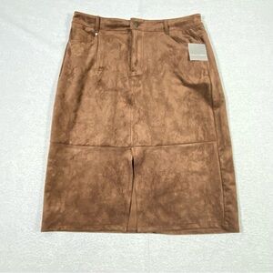 Falls Creek Faux Suede Midi Skirt Womens 16 Brown Front Slit Pockets Elegant NWT